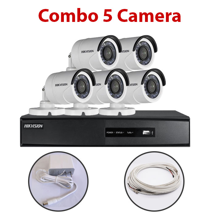 Trọn bộ 5 Camera DS-2CE16C0T-IR + Đầu ghi hình HIKVISION, có sẵn phụ kiện, cắm điện là chạy