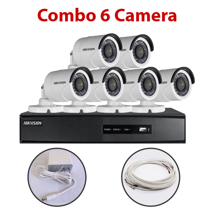 Trọn bộ 6 Camera DS-2CE16C0T-IR + Đầu ghi hình HIKVISION, có sẵn phụ kiện, cắm điện là chạy