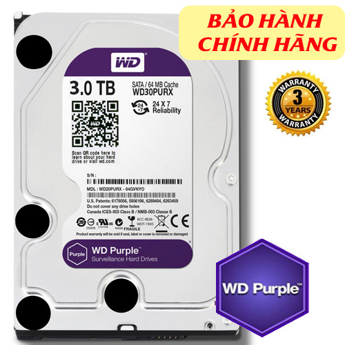 Western WD Purple WD30PURZ 3TB 3.5" SATA 3/ 64MB Cache/ 5400RPM dòng ổ cứng chuyên dụng cho camera (chính hãng)