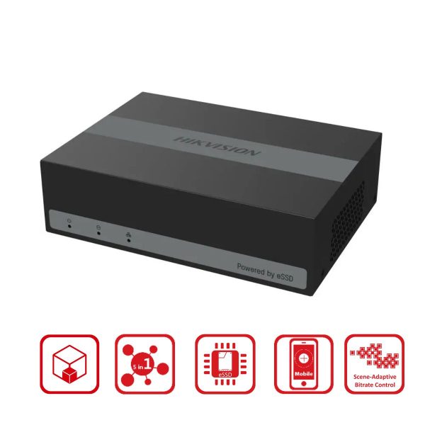 Đầu ghi hình Hybrid TVI - IP nhỏ gọn 4 kênh Hikvision DS-E04HGHI-B có sẵn ổ cứng 330GB eSSD, chống báo động giả