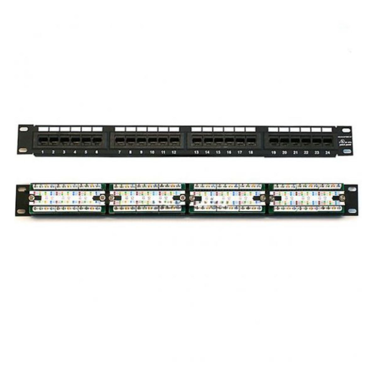 Patch panel 24 port AMP/Commscope Cat6 bằng thép, vỏ màu đen, hỗ trợ đấu dây theo cả 2 chuẩn T568A và T568B