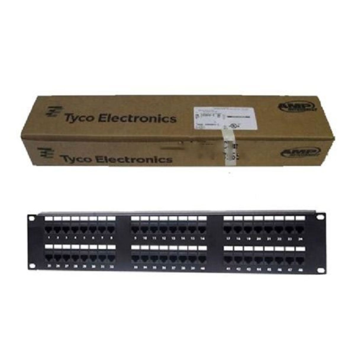Patch panel 48 cổng AMP/Commscope Cat5e 6 cổng trên 1 module, chuẩn 19inch gắn rack