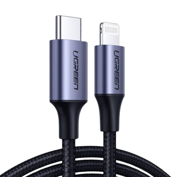 Cáp sạc nhanh USB-C sang Lightning Ugreen 60758 US304 dài 50cm, màu đen, vỏ nhôm nylon bện, sạc nhanh 3A