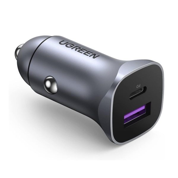 Bộ sạc xe hơi 2 cổng Ugreen 40858 CD130 màu xám, 1 cổng USB-C và 1 cổng USB-A