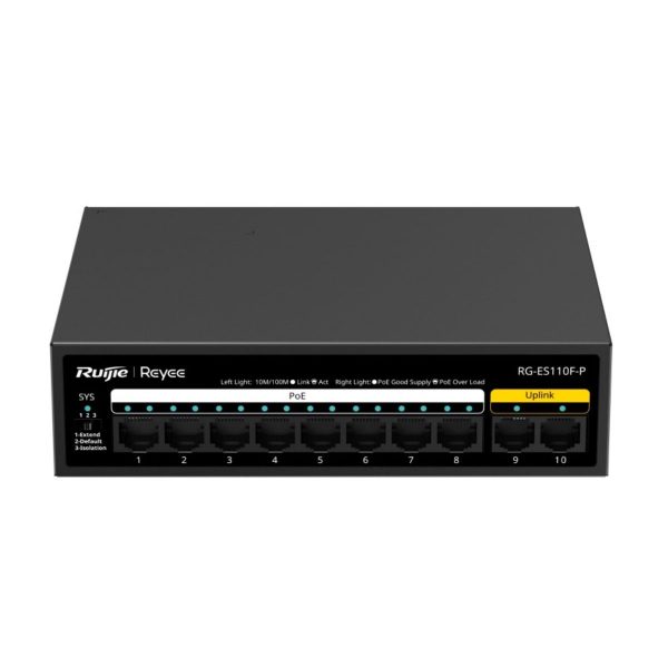 Bộ switch mạng Reyee RG-ES110F-P 8 cổng 10/100 BASE-T PoE/PoE+, 2 cổng up link 100 Mbps, tốc độ 2Gbps, công suất 110W