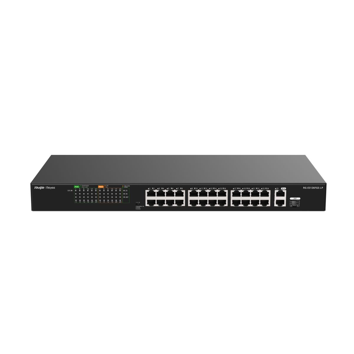 Bộ chuyển mạch switch PoE 24 cổng Reyee RG-ES126FGS-LP, tốc độ 8.8Gbps, PoE 180W, 2 cổng uplink 1000 Mbps + 1 cổng combo