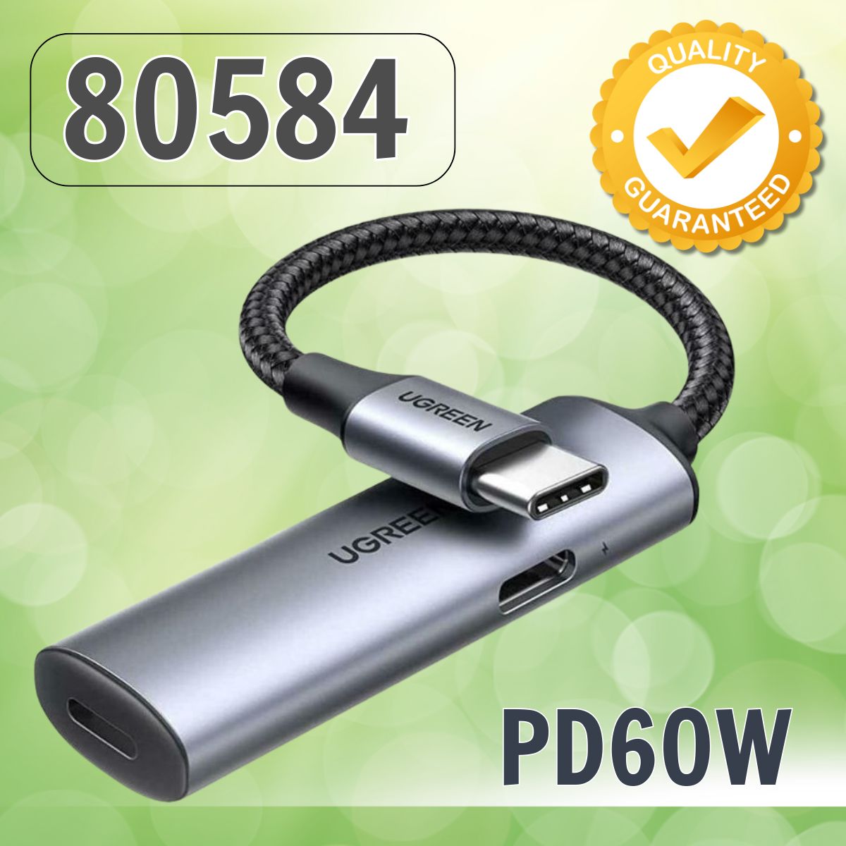 Cáp bện Ugreen 80584 USB-C Male to USB-C Female + Lightning Female Alu Case with PD 60W (Xám không gian)