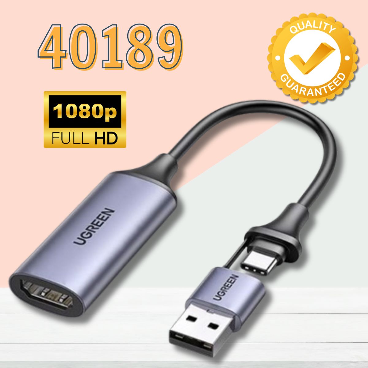 Cáp ghi hình Ugreen 40189 HDMI to USB 2.0, Type-C, Live streaming 1080P