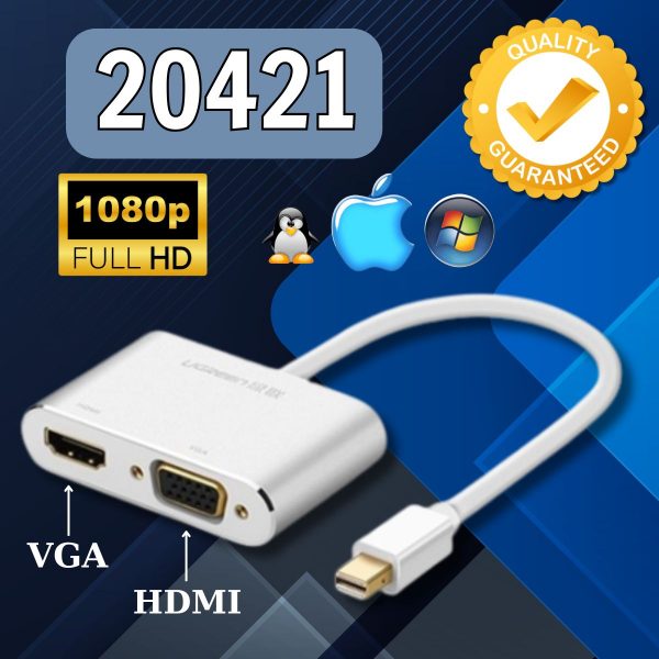 Cáp chuyển đổi Mini Displayport to HDMI và VGA chính hãng Ugreen 20421 cao cấp màu bạc