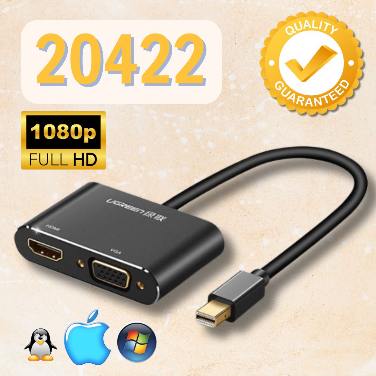 Cáp chuyển đổi Mini Displayport to HDMI và VGA chính hãng Ugreen 20422 cao cấp màu đen