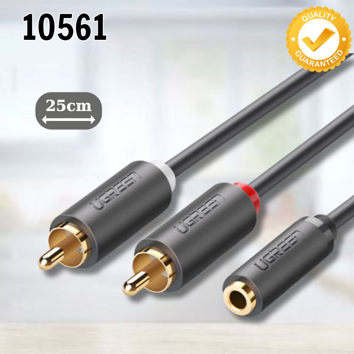 Cáp Audio 3.5mm âm ra 2 RCA dương Ugreen 10561  dài 25cm Mạ vàng 24K