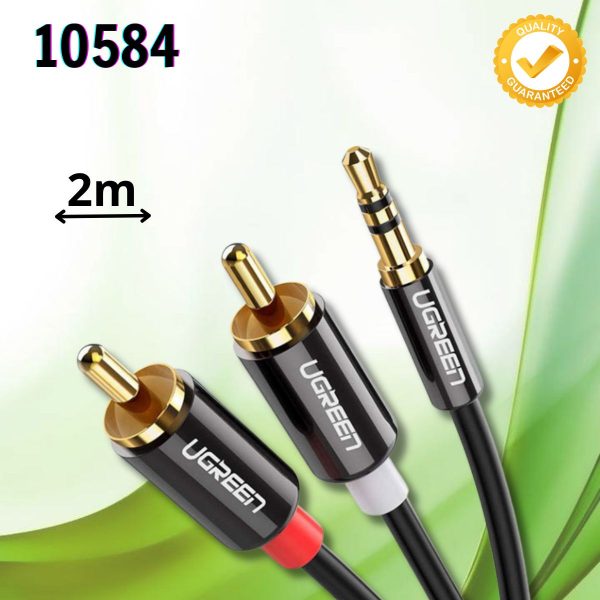 Cáp Audio 3.5mm ra 2 đầu RCA Ugreen 10584 dài 2m, Màu đen, Dây dẫn đồng nguyên chất