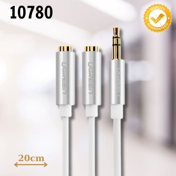 Cáp chia âm thanh 3.5Mm 1 đầu đực ra 2 đầu cái Ugreen 10780 20cm màu trắng, Chất lượng âm thanh ổn định
