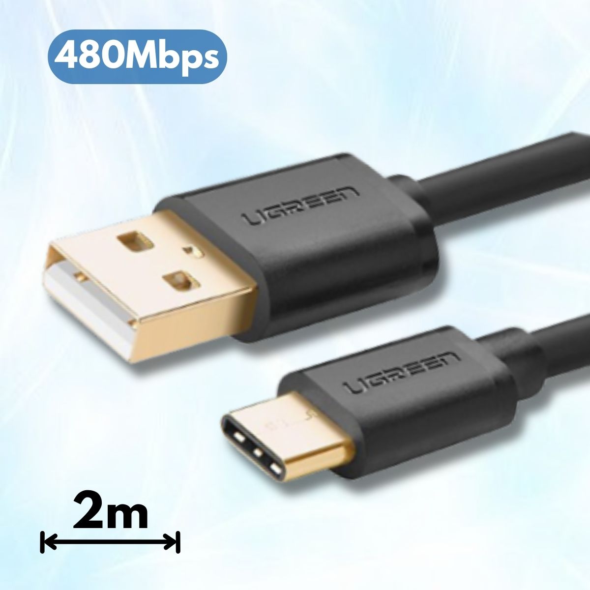 Cáp USB 3.1 chuẩn C sang USB 2.0 Ugreen 30161 dài 2m, Tốc độ truyền: 480Mbps, Đầu nối mạ vàng 24K