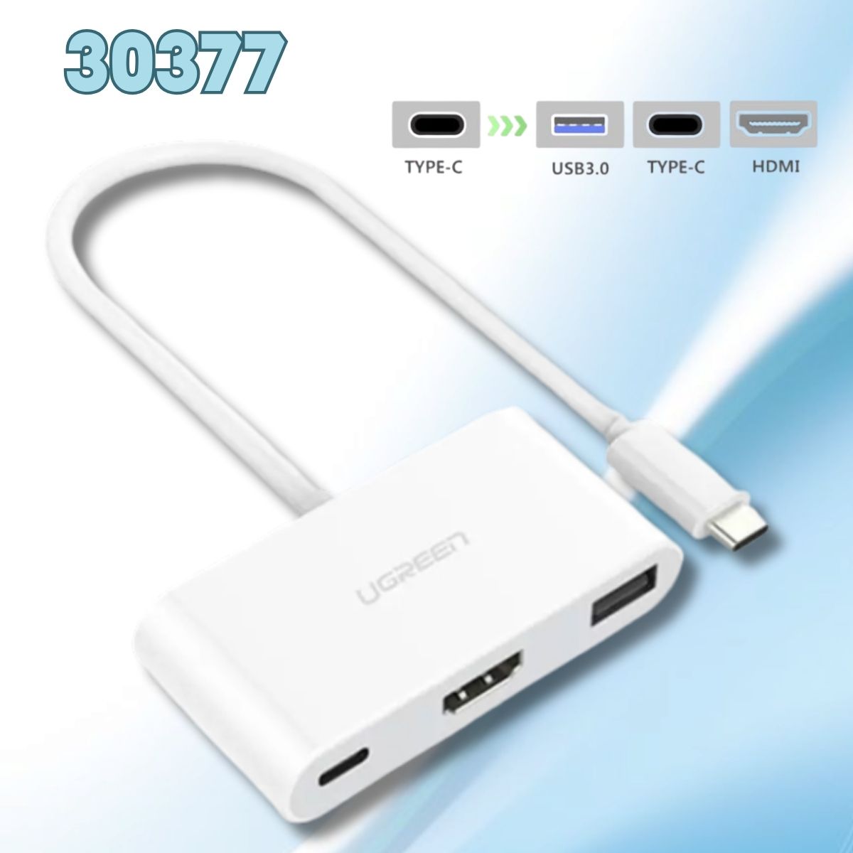 Bộ chuyển đổi USB Type C sang USB 3.0 + HDMI + USB Type C Ugreen 30377 dài 15cm, màu trắng, Độ phân giải 4K