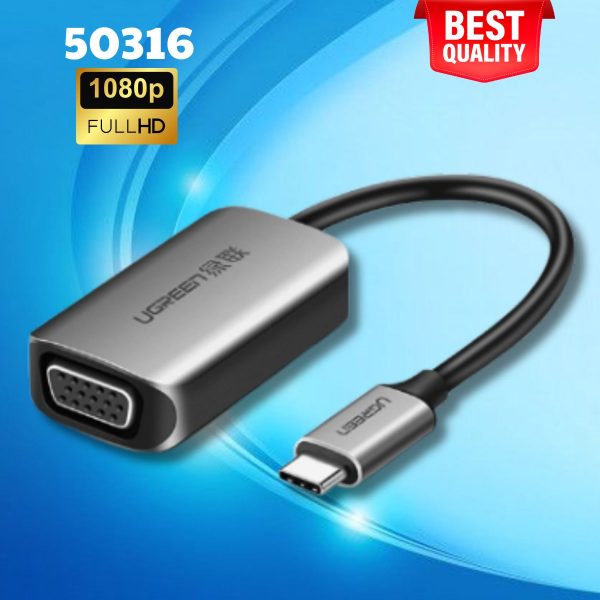 Bộ chuyển USB-C Sang VGA Ugreen 50316 Vỏ nhôm, 10cm, Hỗ trợ FullHD 1920x1080P@60Hz, Màu xám