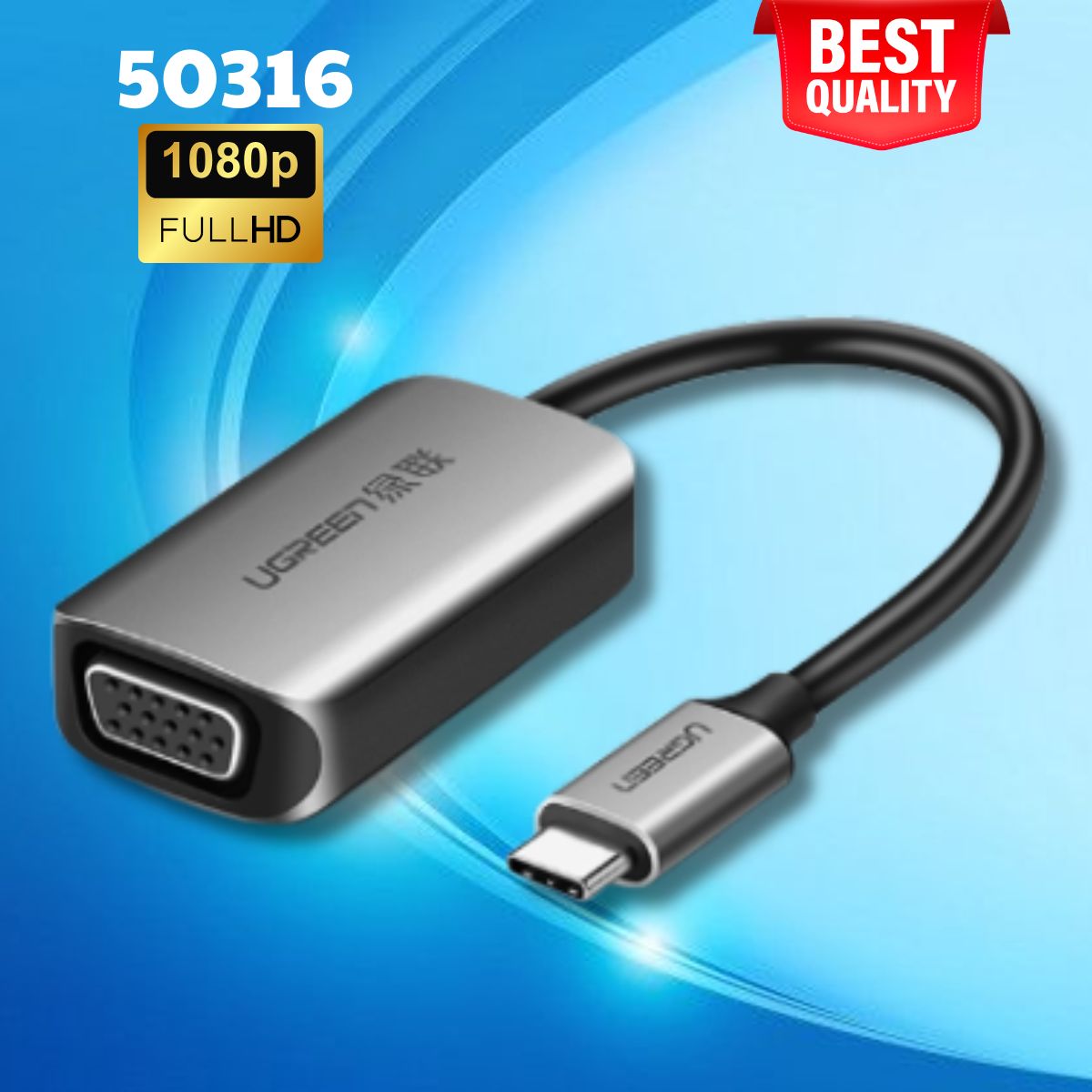 Bộ chuyển USB-C Sang VGA Ugreen 50316 Vỏ nhôm, 10cm, Hỗ trợ FullHD 1920x1080P@60Hz, Màu xám