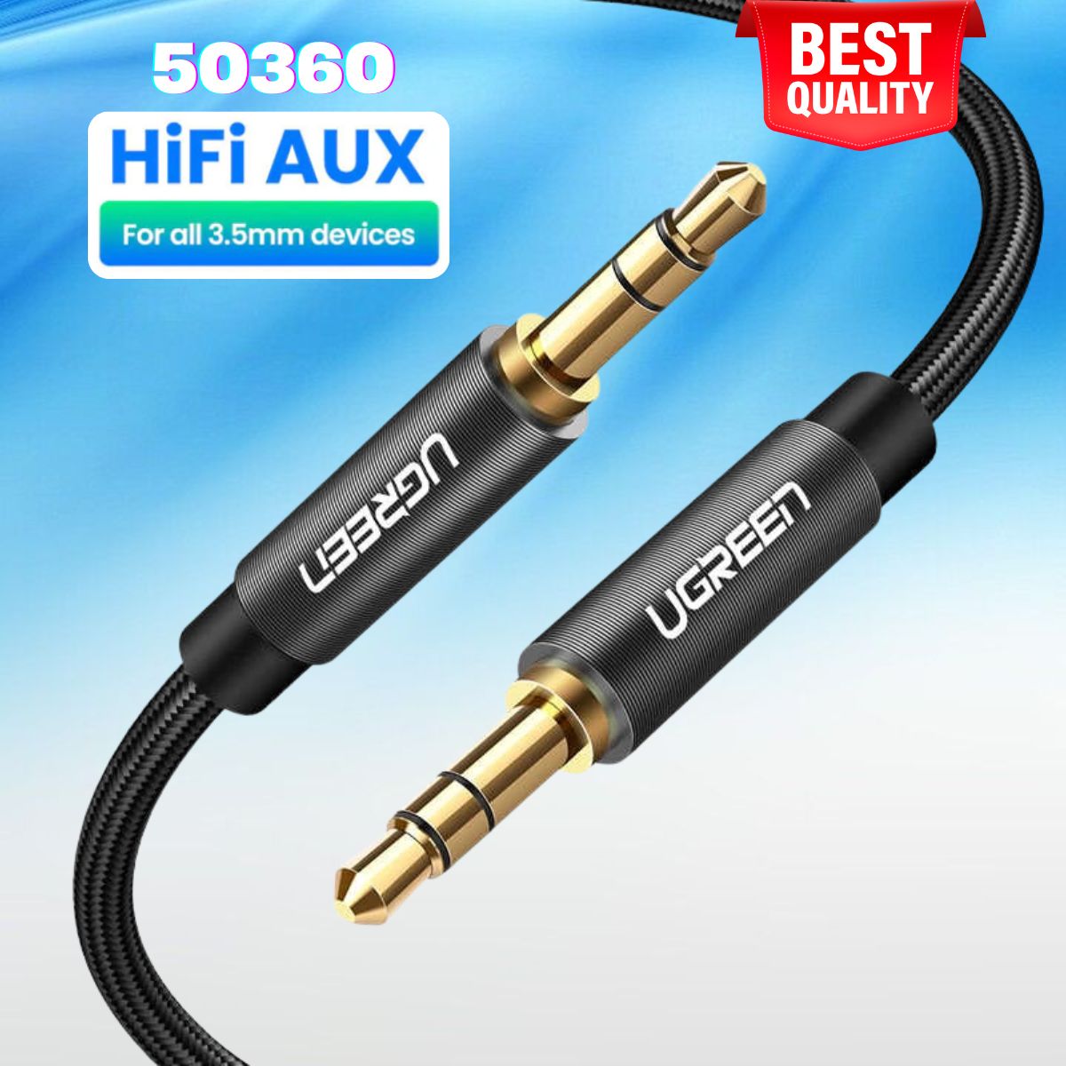 Cáp âm thanh 3.5mm 2 đầu đực Ugreen 50360 dài 0,5m, Đầu mạ vàng 24K, Chống han rỉ