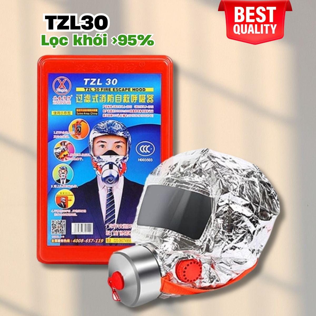 Mặt nạ phòng khói TZL30 trùm đầu lọc khói 95% thoát hiểm giúp duy trì tỉnh táo trong 30 phút