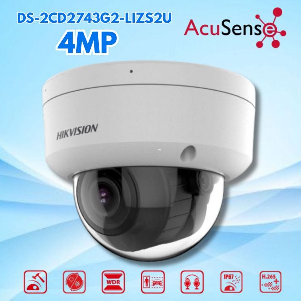 Camera IP dome Hikvision DS-2CD2743G2-LIZS2U 4MP Mic kép, Ống kính Varifocal 2.8-12 mm, Chuẩn IP67, IK10