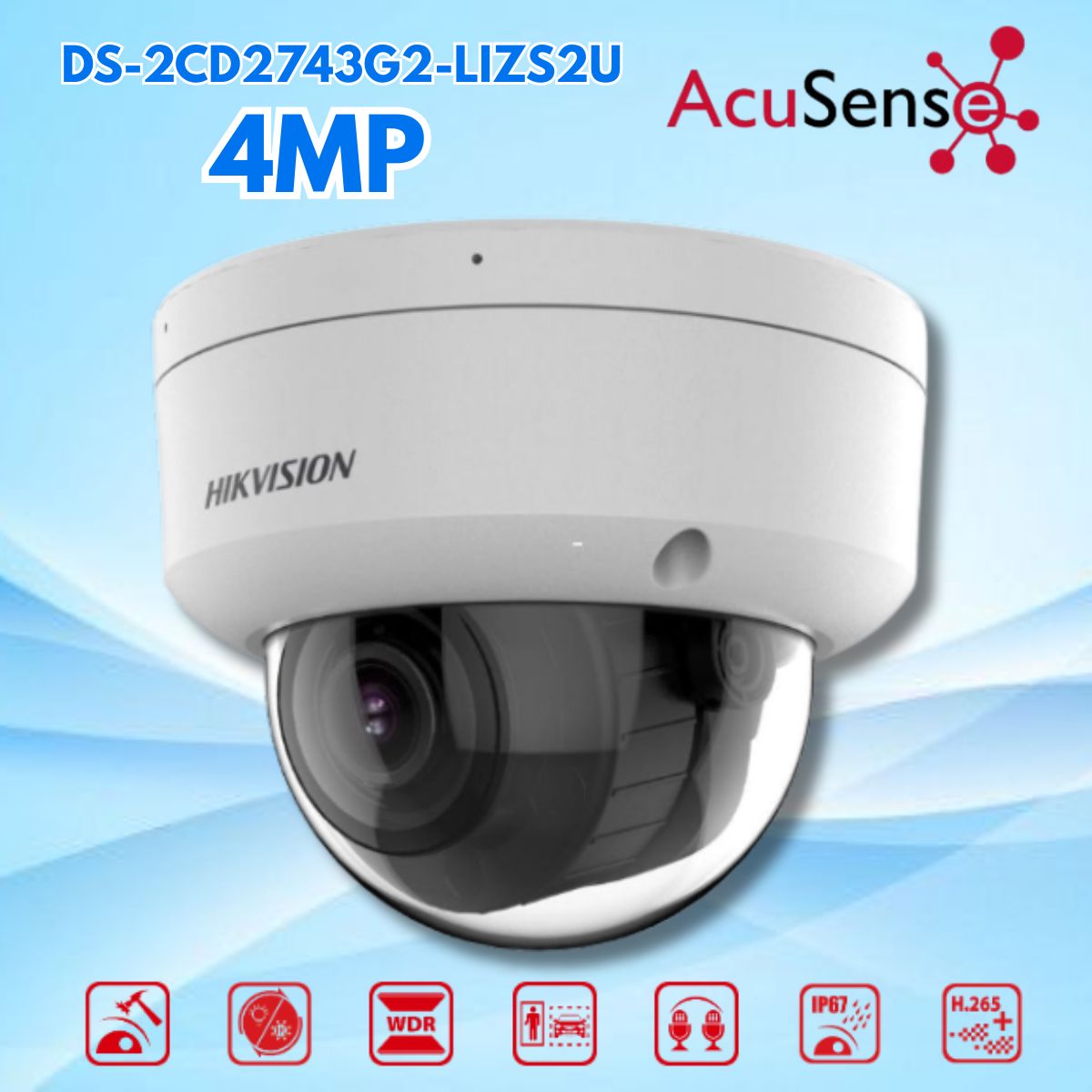 Camera IP dome Hikvision DS-2CD2743G2-LIZS2U 4MP Mic kép, Ống kính Varifocal 2.8-12 mm, Chuẩn IP67, IK10