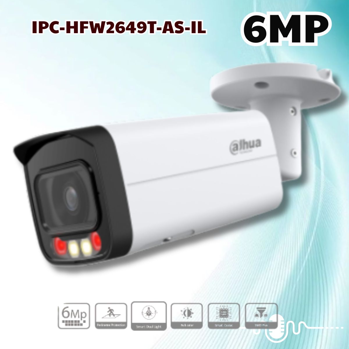 Camera Dahua IPC-HFW2649T-AS-IL 6MP Phân biệt người &xe, Hỗ trợ WDR, Mic, PoE, Chuẩn H.265