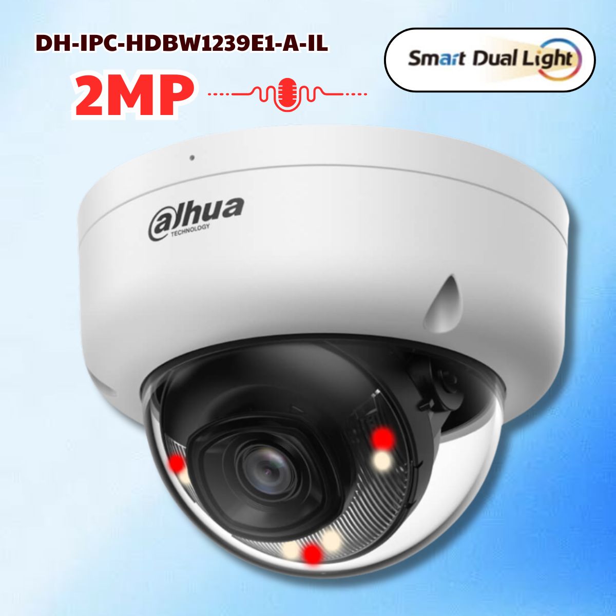 Camera IP Dome Dahua DH-IPC-HDBW1239E1-A-IL 2MP, Phát hiện người, Có mic, Đèn trợ sáng + IR 30m