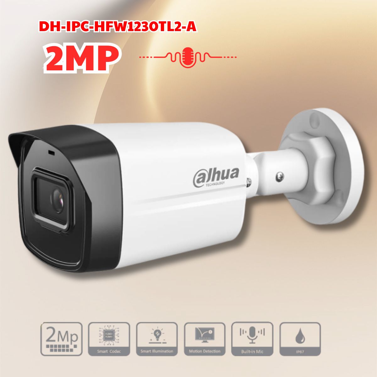 Dahua DH-IPC-HFW1230TL2-A – Camera Bullet 2MP, Tích hợp Mic, Hồng ngoại 30m