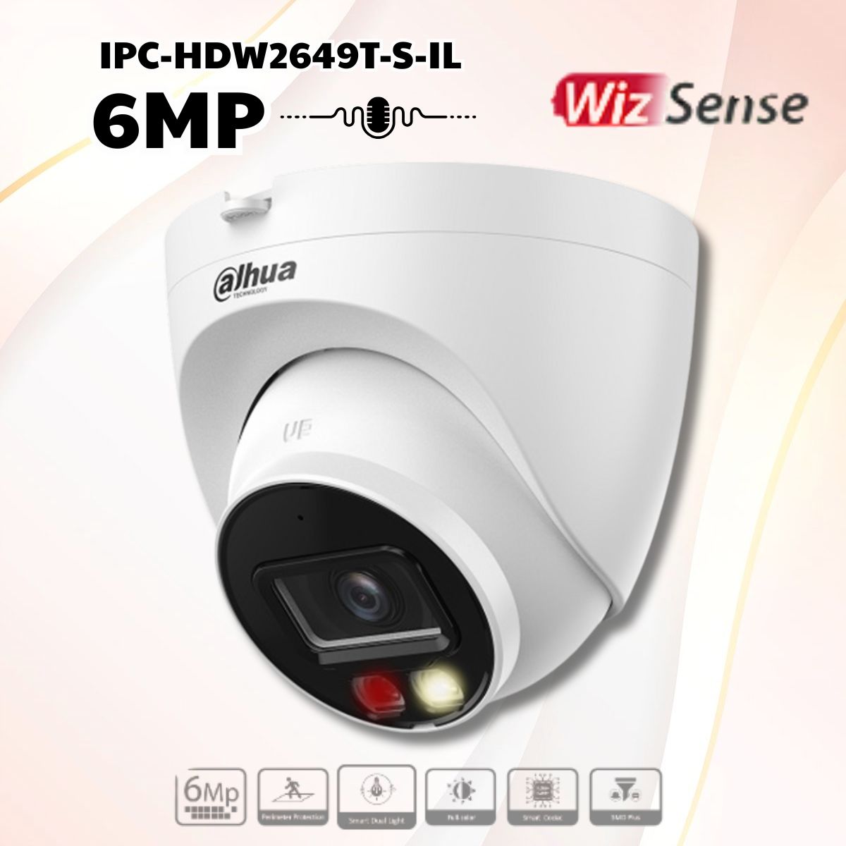 Camera Dahua DH-IPC-HDW2649T-S-IL 6MP, ánh sáng kép, Phân biệt người&xe, Tích hợp mic, Hồng ngoại 30m
