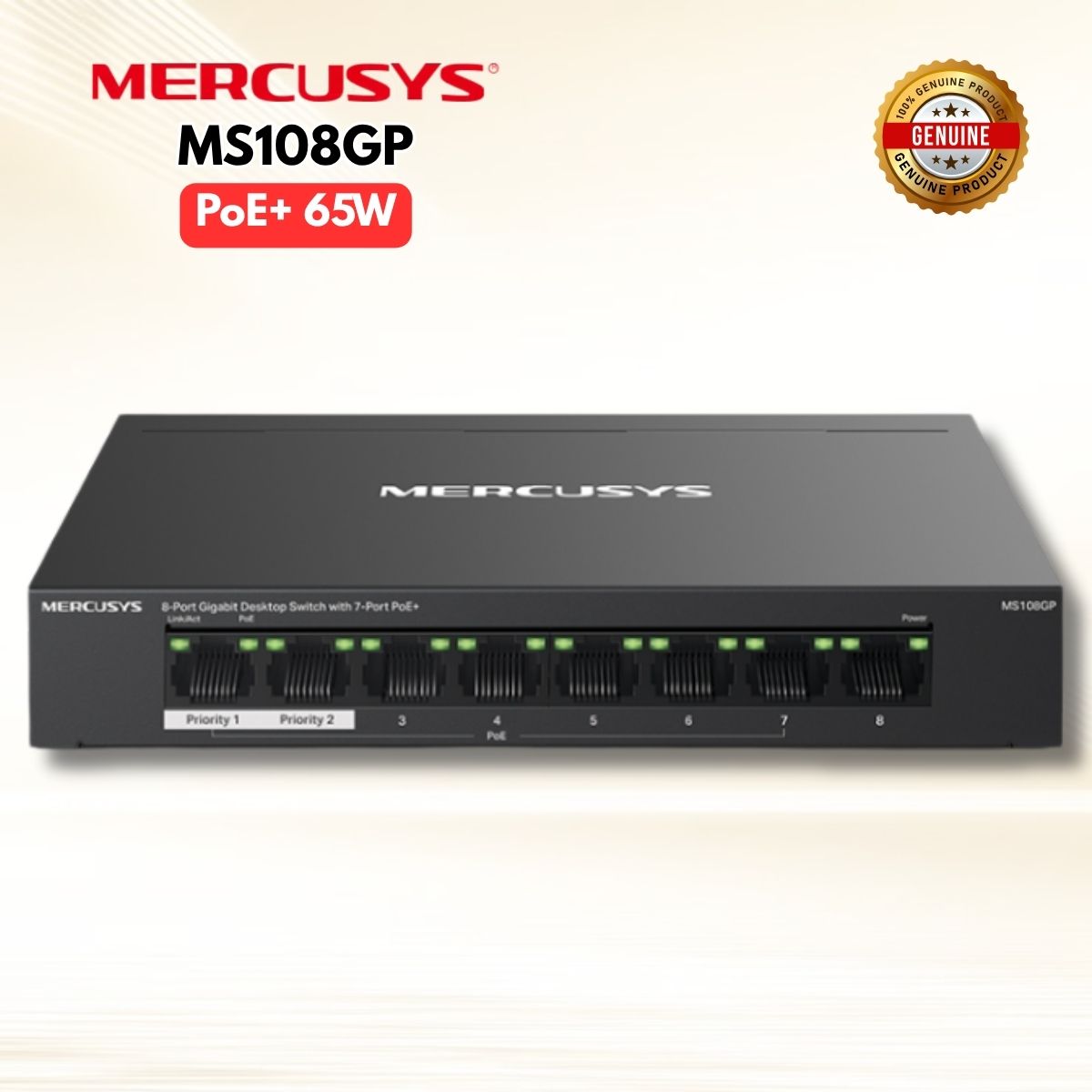 Switch Gigabit 8 Cổng Mercusys MS108GP: 7 Cổng PoE+ 65W, Tốc độ 10/100/1000 Mbps, Khoảng cách truyền PoE 250m