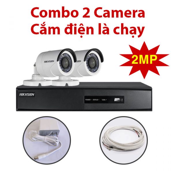 Trọn bộ 2 Camera 2MP DS-2CE16D0T-IR(C) + Đầu ghi hình HIKVISION, có sẵn phụ kiện, cắm điện là chạy
