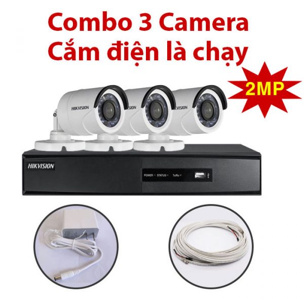 Trọn bộ 3 Camera 2MP DS-2CE16D0T-IR(C) + Đầu ghi hình HIKVISION, có sẵn phụ kiện, cắm điện là chạy