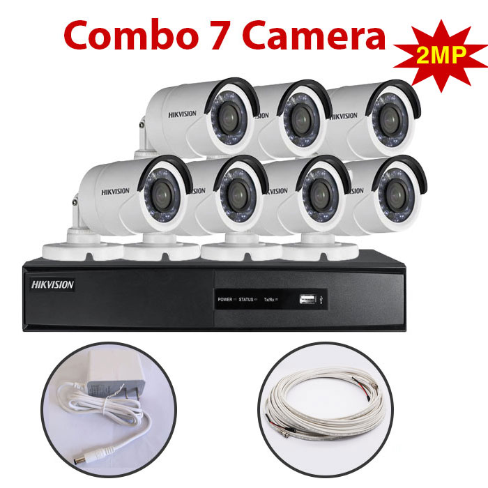 Trọn bộ 7 Camera 2MP DS-2CE16D0T-IR(C) + Đầu ghi hình HIKVISION, có sẵn phụ kiện, cắm điện là chạy