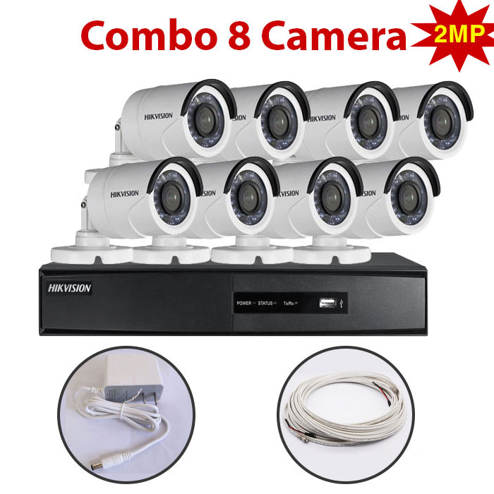 Trọn bộ 8 Camera 2MP DS-2CE16D0T-IR(C) + Đầu ghi hình HIKVISION, có sẵn phụ kiện, cắm điện là chạy