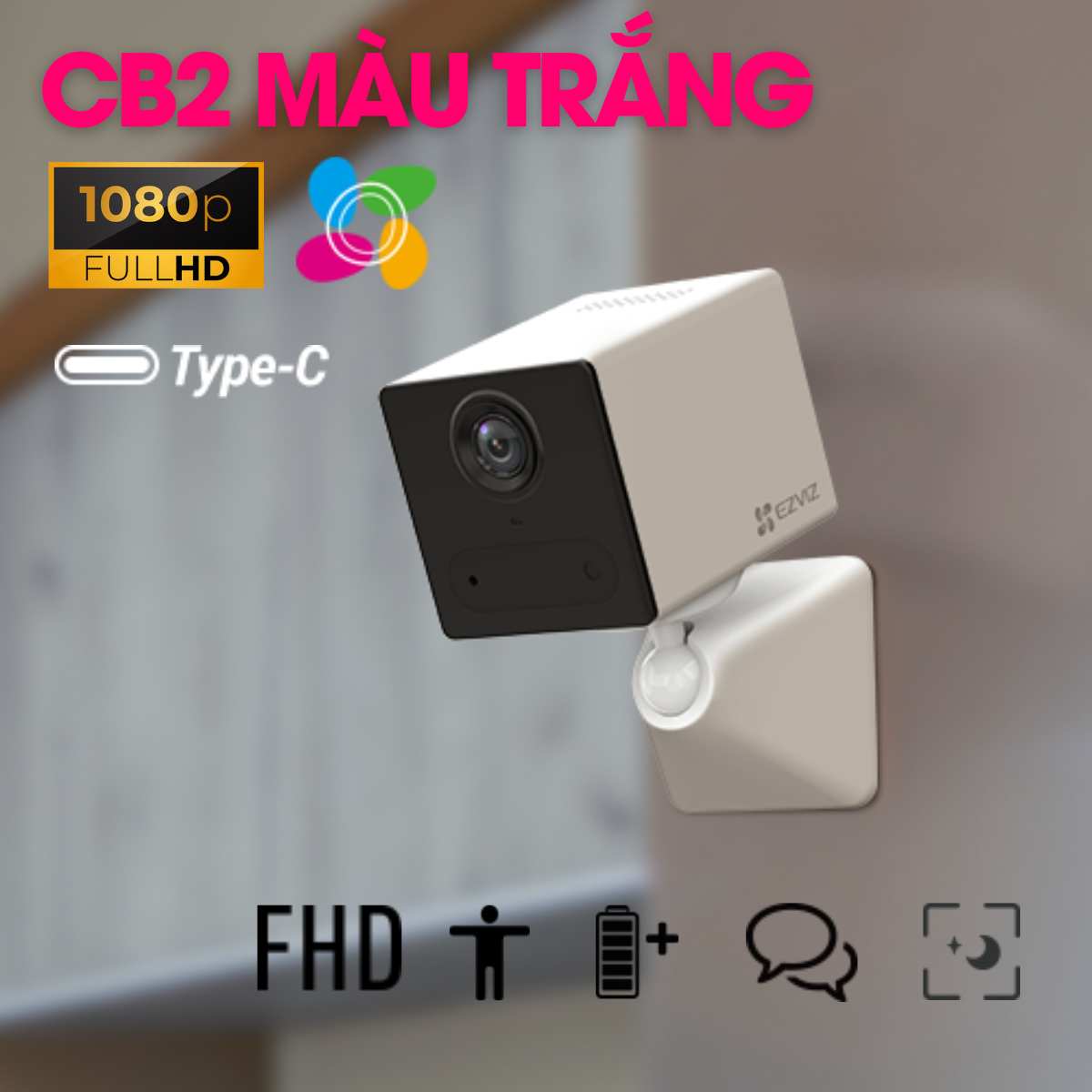 Camera wifi không dây dùng pin sạc Ezviz CB2 màu trắng, 2MP, phát hiện người, pin 2000mAh, đàm thoại 2 chiều
