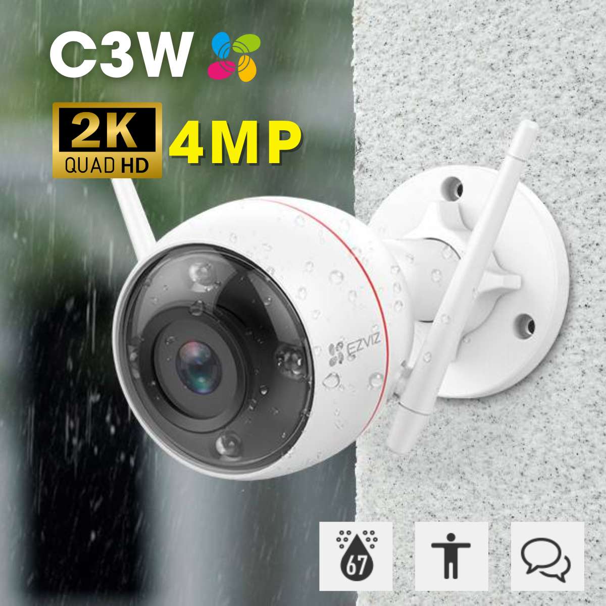 Camera ngoài trời Ezviz C3W 2K 4MP đèn chớp và còi hú, đàm thoại hai chiều