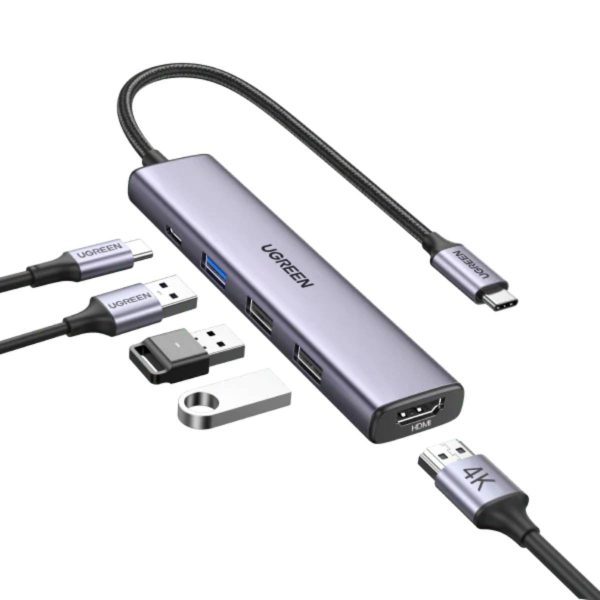 Hub chuyển đổi Ugreen 15495 CM478 Type-C sang HDMI 4K@30Hz + 1*USB-A 3.0 + 2*USB-A 2.0, PD 100W
